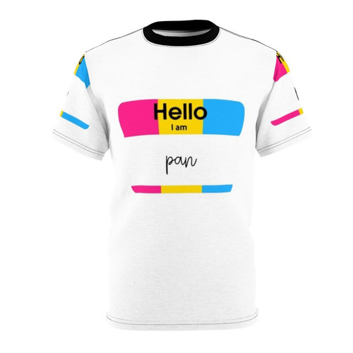 Retro-styled t-shirt featuring a Pan Pride name tag design