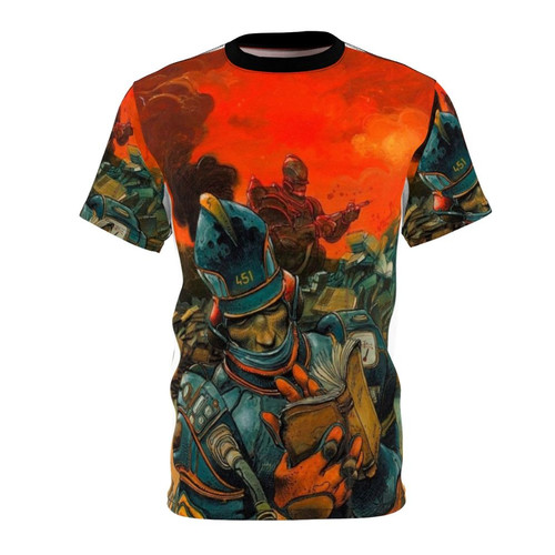 A high-quality t-shirt featuring a vintage-inspired artistic design by renowned French artist Enki Bilal.