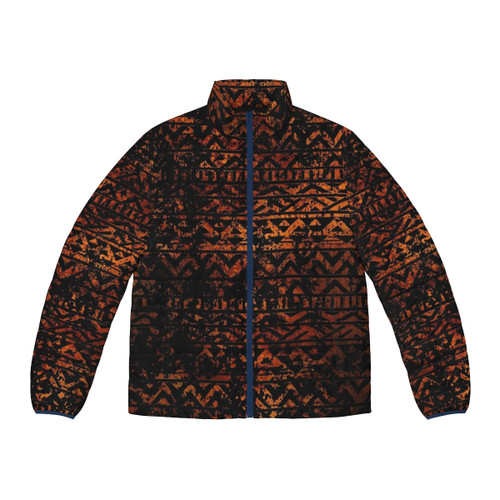Turquoise grunge puffer jacket with misty forest landscape design