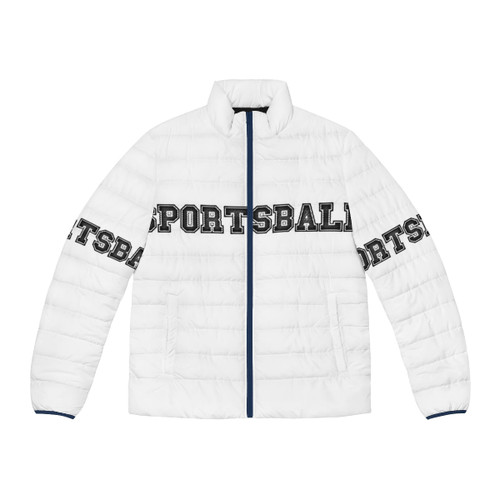 Sports fan wearing a cozy puffer jacket with sports-themed graphics