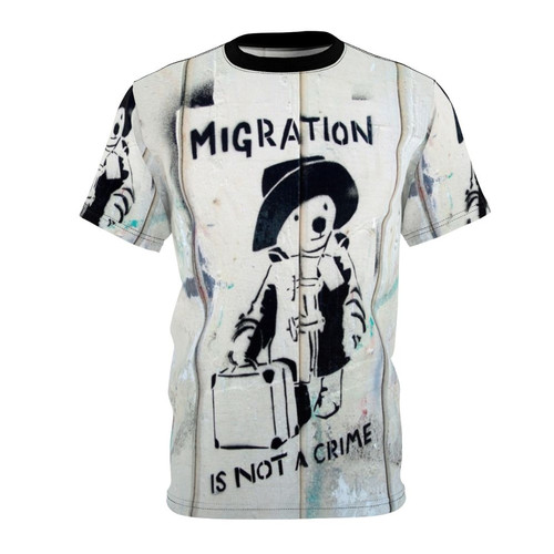 Detailed artistic image of a political protest statement against immigration policies, featuring a powerful design in the style of Banksy's iconic graffiti art.