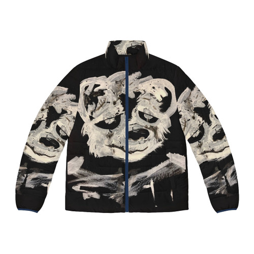 Skunk puffer jacket with black and white animal print design