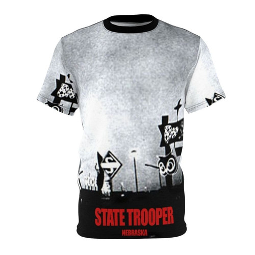 A stylish t-shirt featuring a vintage-inspired Nebraska state trooper graphic, perfect for fans of classic rock and Americana music.