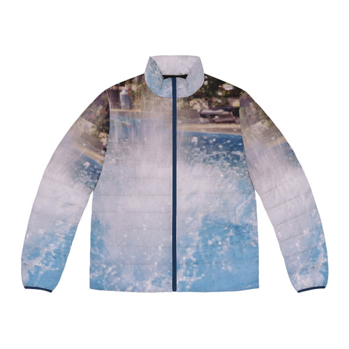Colorful abstract patterned puffer jacket for stylish winter fashion