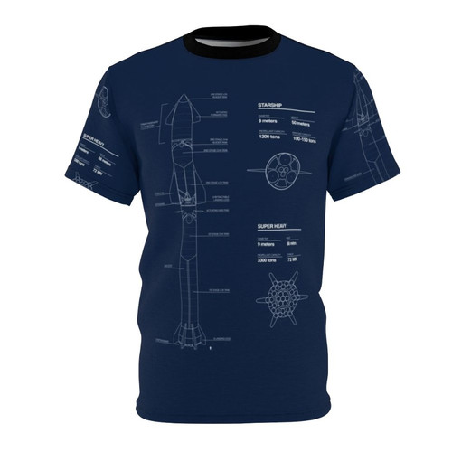 Spacex Starship Blueprint T-shirt featuring a technical diagram of the Spacex Starship spacecraft