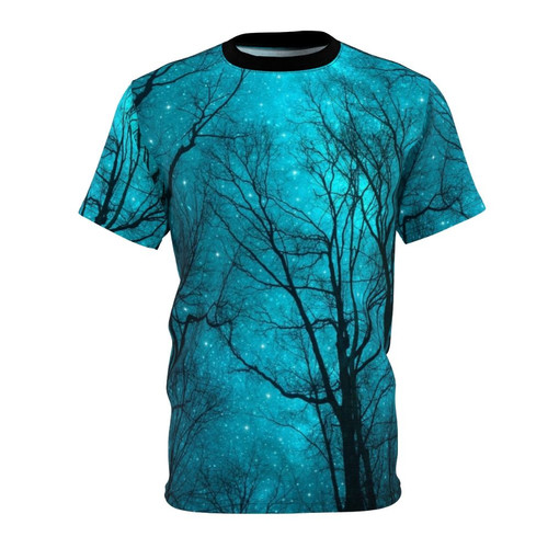 Photograph of a t-shirt featuring a night sky with stars, nebula, and silhouetted trees in a teal and black color palette.