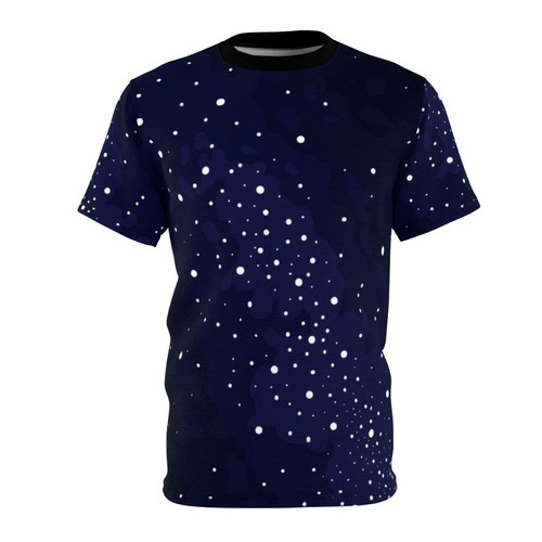 A t-shirt featuring a captivating starry night sky design with the milky way galaxy, stars, and dark blue space elements.