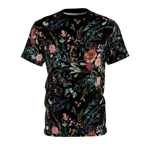 Dark floral watercolor print t-shirt with romantic flowers