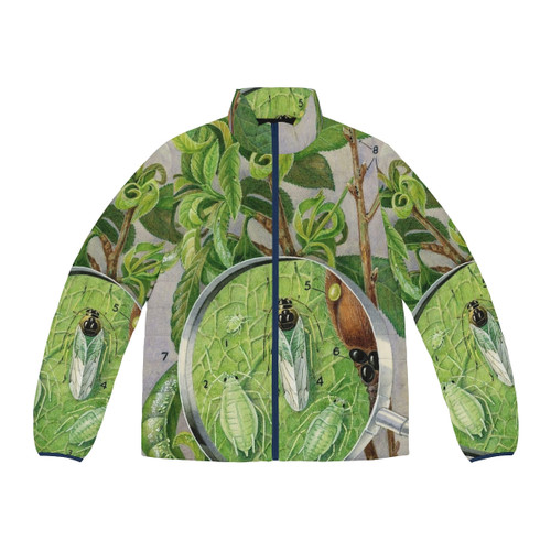 Green peach aphid puffer jacket featuring a botanical illustration of the damaging plant pest