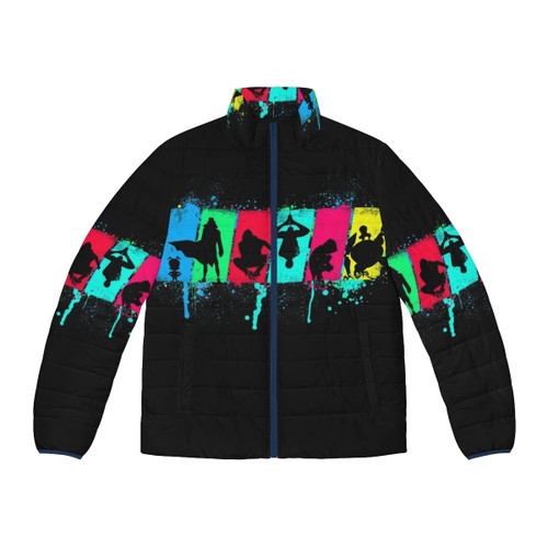 Spider Souls Puffer Jacket featuring a neon silhouette design inspired by Spiderman Into the Spider-Verse