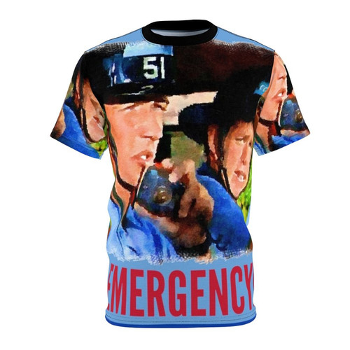 Vintage-style paramedic t-shirt design with emergency services and 1970s TV show inspired graphics