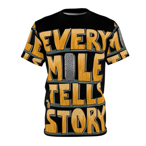 Tire In The Mile AOP T-shirt featuring a land cruiser design for off-road and overland enthusiasts