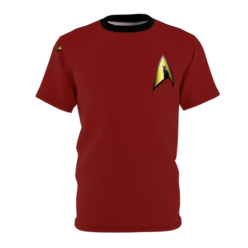 A t-shirt featuring a stylized cat silhouette in the colors of the Starfleet uniform from the Star Trek franchise.