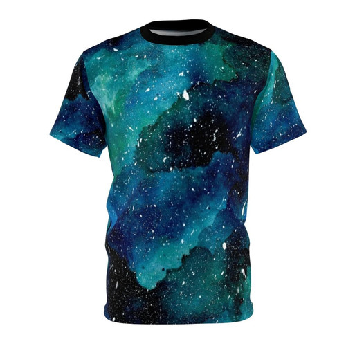 Emerald and purple galaxy design on a t-shirt with stars, planets, and a dreamy night sky