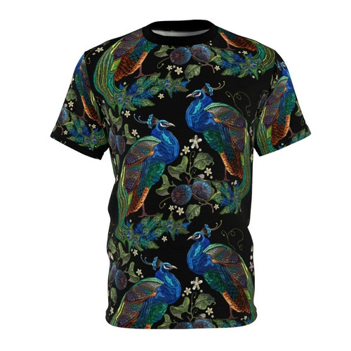 Embroidered t-shirt featuring a colorful peacock and floral pattern design