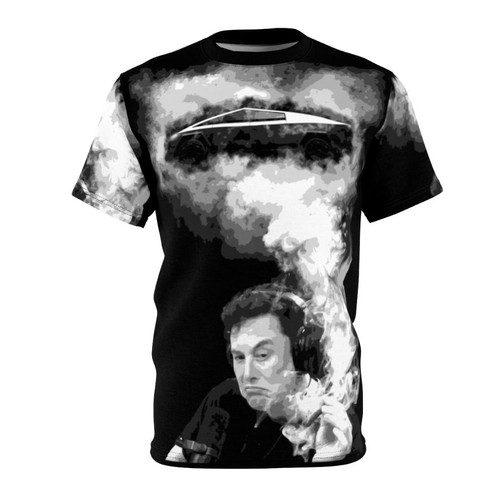 A stylized t-shirt design featuring Elon Musk's Cybertruck and cannabis-inspired elements