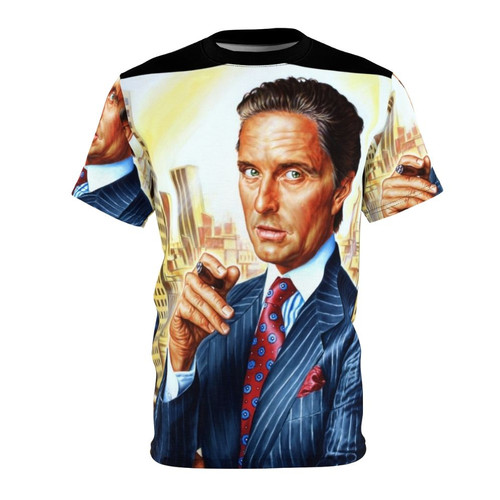 Vintage-style portrait painting of actor Michael Douglas on a t-shirt