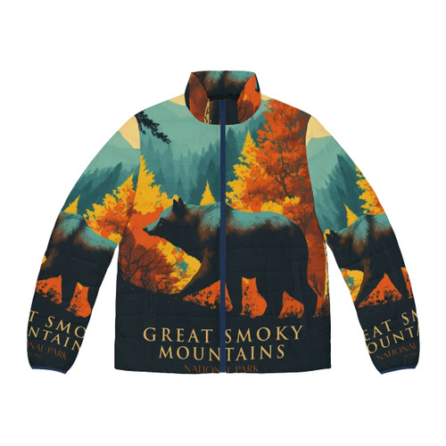Great Smoky Mountains Puffer Jacket with bear and mountain scenery
