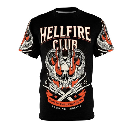 Stranger Things inspired Hellfire Club all over print t-shirt featuring the iconic Hawkins High logo and imagery from the hit Netflix series