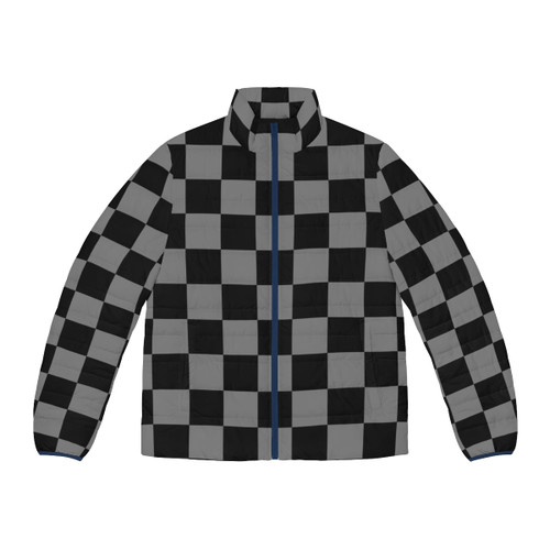 Gray and black checkered puffer jacket with a geometric, seamless pattern