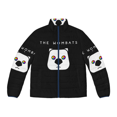 A puffer jacket featuring a wombat drawing, perfect for indie music fans