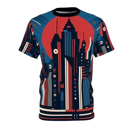 Vintage cityscape t-shirt with a night sky landscape, skyscrapers, and old fashioned cars