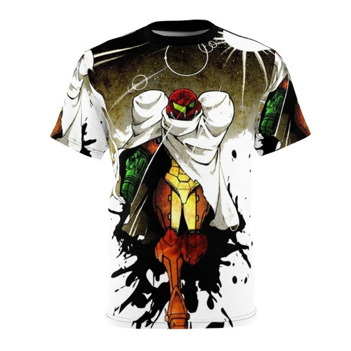 Metroid-inspired t-shirt design featuring Samus Aran, the iconic Nintendo video game character.