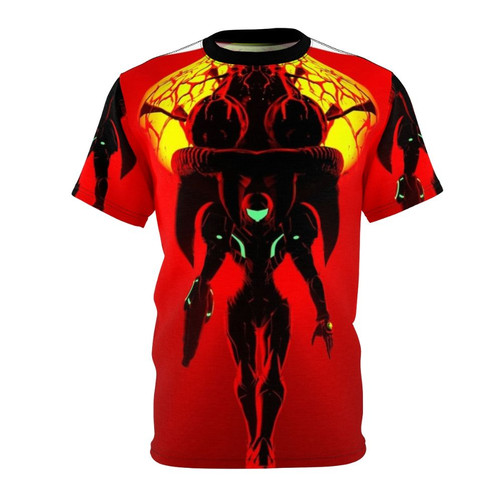 Metroid inspired t-shirt featuring a sci-fi design with a gun and futuristic elements