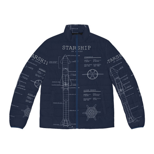 Spacex Starship Superheavy Blueprint Puffer Jacket featuring starship and rocket design
