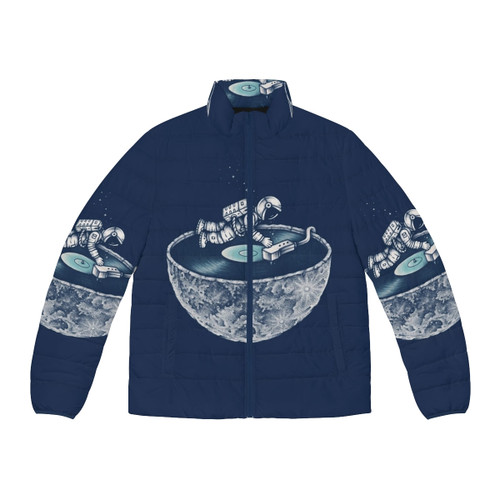 A person wearing the Space Tune Puffer Jacket, featuring space-themed design elements.