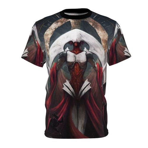 Fantastical landscape inspired t-shirt featuring the character Elesh Norn from the Magic: The Gathering universe
