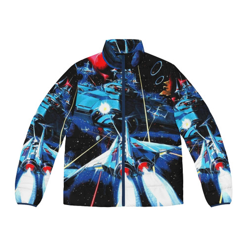 Gradius retro gaming puffer jacket with classic shoot 'em up design
