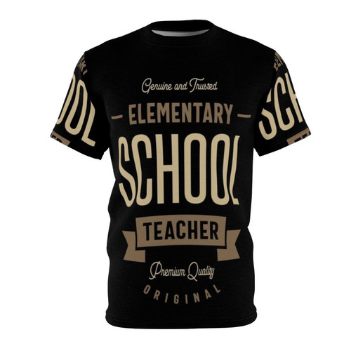 Elementary school teacher wearing a high-quality, customized t-shirt with a bold, eye-catching design.