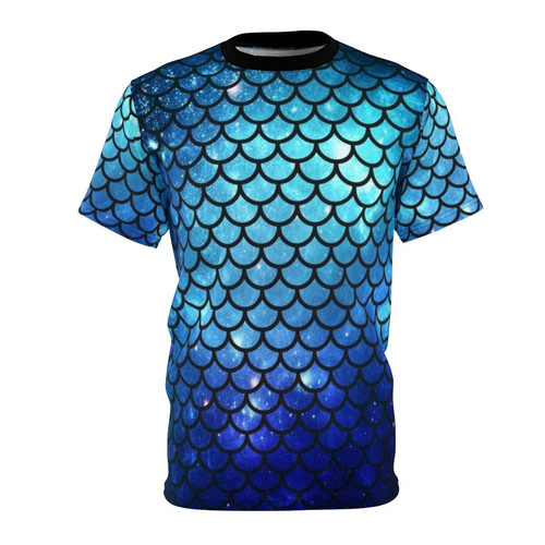 Model wearing a vibrant all-over print t-shirt featuring a colorful mermaid tail design with galaxy and cosmic elements.