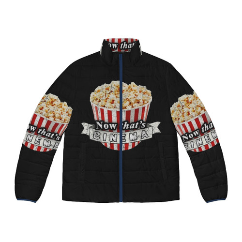 A cozy and stylish puffer jacket with a cinema-inspired design