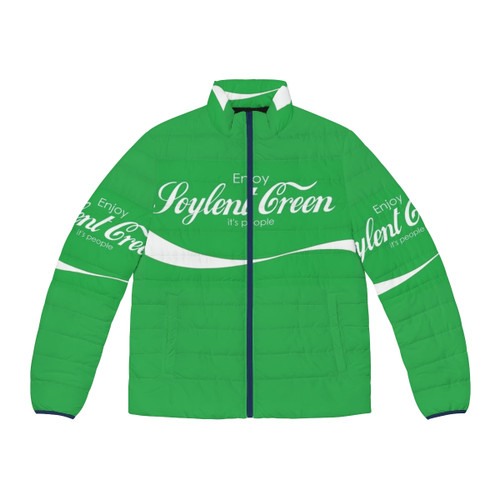 A puffer jacket with the text "Soylent Green Is People" printed on it, a reference to the classic sci-fi movie.