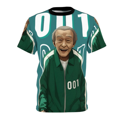 Squid Game-Inspired Player 001 Oh Il Nam T-Shirt featuring the character Oh Il Nam from the popular Netflix series Squid Game.