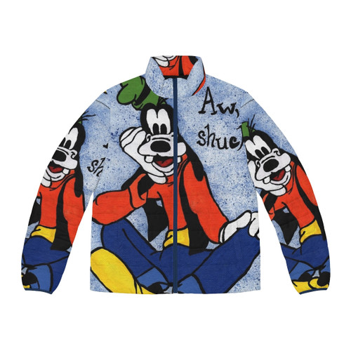 Goofy painting puffer jacket with a fun, retro cartoon dog design