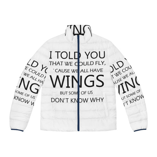 Puffer jacket with 'Never Tear Us Apart' music quote design