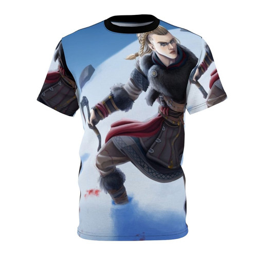 T-shirt featuring artwork of Eivor, a female Viking warrior character from the video game Assassin's Creed Valhalla