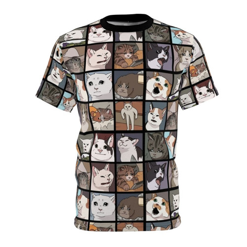 Whimsical graphic of crying cats in meme style on a t-shirt