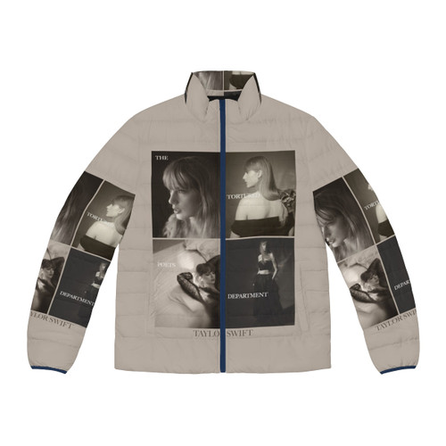 Collage puffer jacket featuring The Tortured Poets Department and Taylor Swift graphics