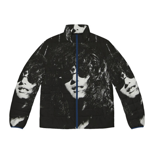 Model wearing a puffer jacket with the "Good Evening" graphic, inspired by the iconic Alfred Hitchcock show