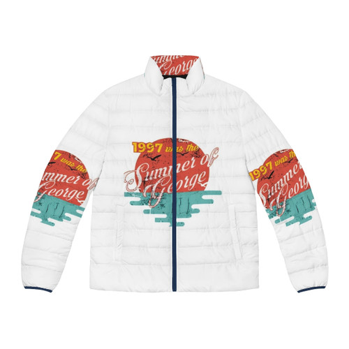 A colorblock puffer jacket with a musical and urban-inspired design
