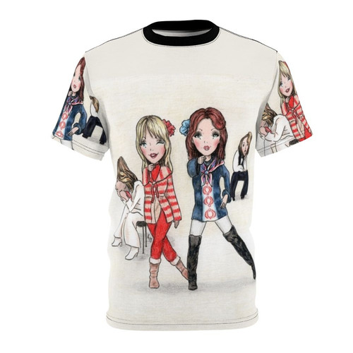 Cartoon character portrait art t-shirt featuring blond and red-haired figures on a stage
