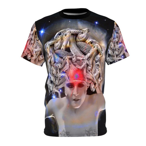 Medusa graphic t-shirt featuring a colorful, abstract design inspired by Greek mythology