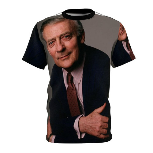 Stylized portrait of iconic actor Edward Woodward on a high-quality t-shirt design.