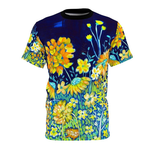 Floral t-shirt with indigo blue and yellow daisy designs