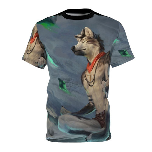 A t-shirt featuring a digital illustration of a wolf in a winter, snowy landscape with a meditative pose