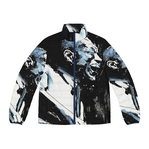 Man wearing a puffer jacket with Son House and delta blues graphic